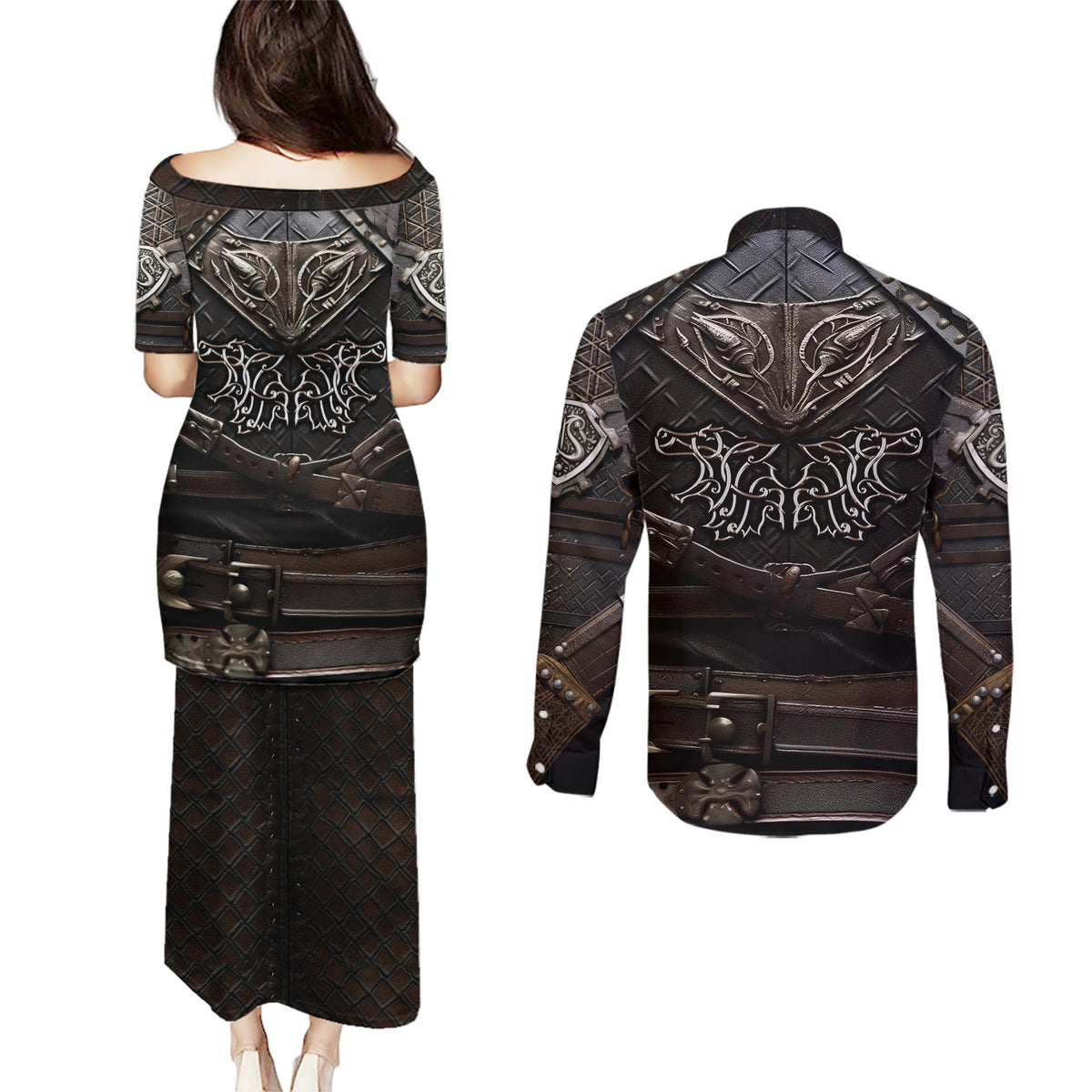 Viking Warrior Armor Couples Matching Puletasi Dress and Long Sleeve Button Shirts Fenrir Wolf Symbol - Wonder Print Shop