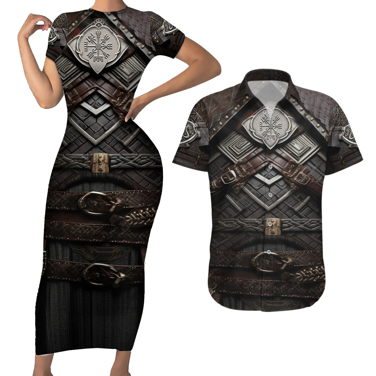 Viking Warrior Armor Couples Matching Short Sleeve Bodycon Dress and Hawaiian Shirt Fenrir Wolf Symbol - Wonder Print Shop