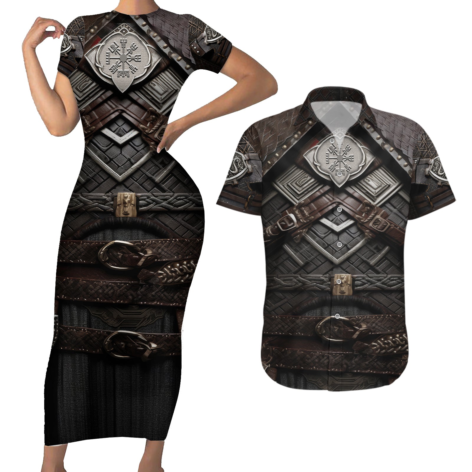 Viking Warrior Armor Couples Matching Short Sleeve Bodycon Dress and Hawaiian Shirt Fenrir Wolf Symbol - Wonder Print Shop