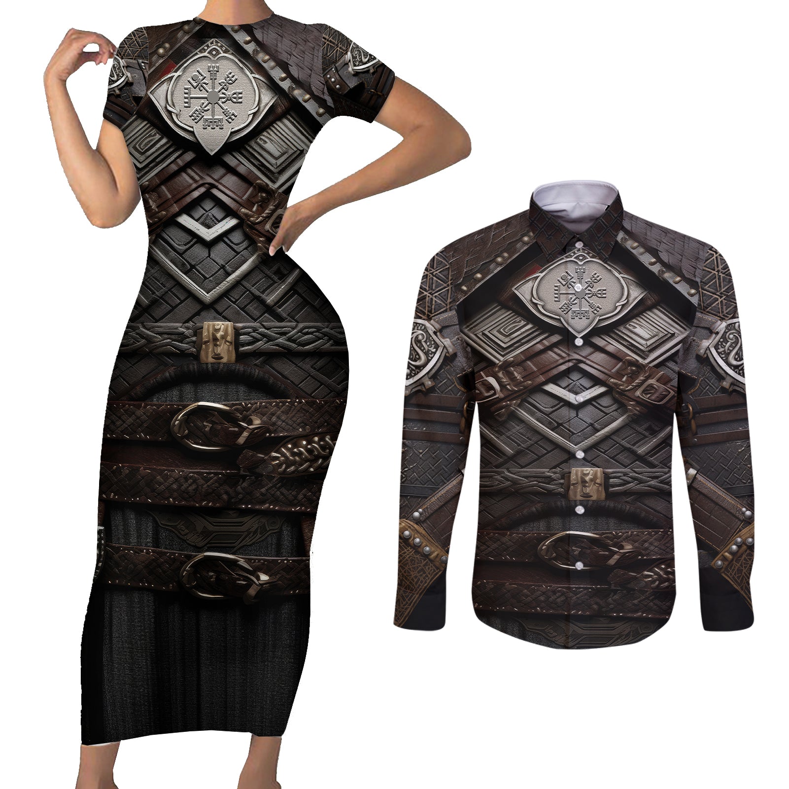 Viking Warrior Armor Couples Matching Short Sleeve Bodycon Dress and Long Sleeve Button Shirts Fenrir Wolf Symbol - Wonder Print Shop