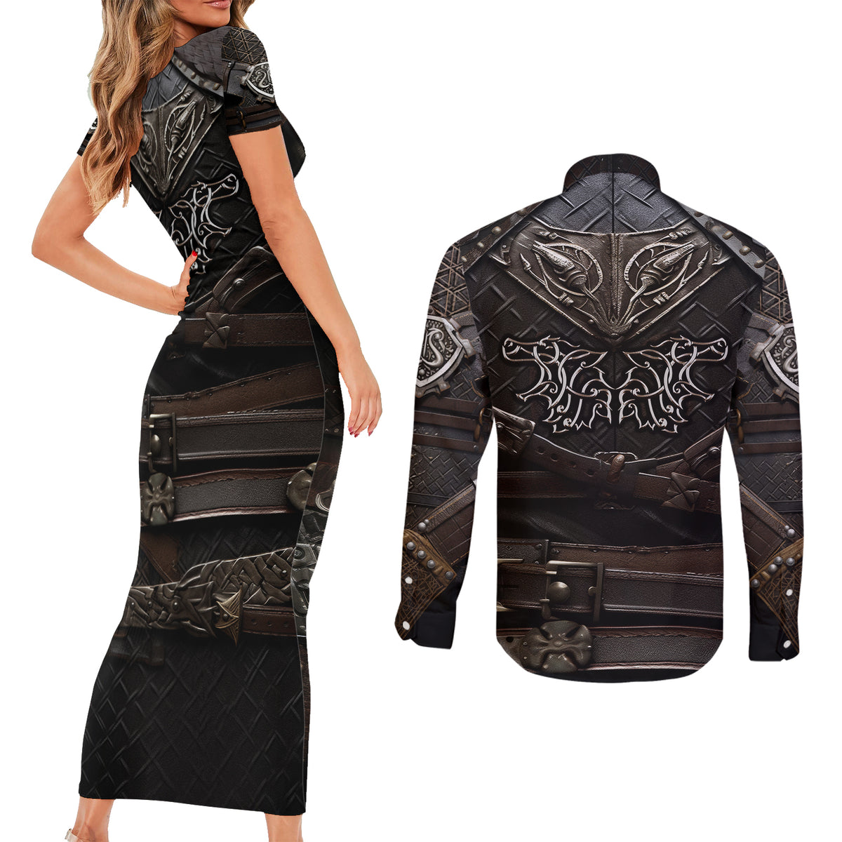 Viking Warrior Armor Couples Matching Short Sleeve Bodycon Dress and Long Sleeve Button Shirts Fenrir Wolf Symbol - Wonder Print Shop