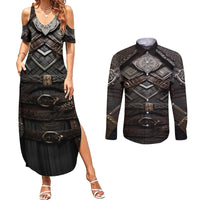 Viking Warrior Armor Couples Matching Summer Maxi Dress and Long Sleeve Button Shirts Fenrir Wolf Symbol - Wonder Print Shop