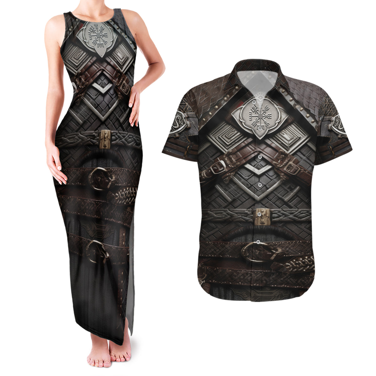 Viking Warrior Armor Couples Matching Tank Maxi Dress and Hawaiian Shirt Fenrir Wolf Symbol - Wonder Print Shop