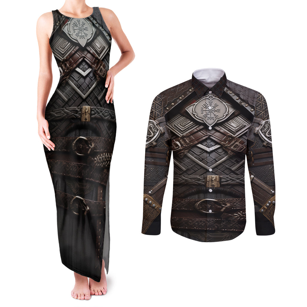 Viking Warrior Armor Couples Matching Tank Maxi Dress and Long Sleeve Button Shirts Fenrir Wolf Symbol - Wonder Print Shop