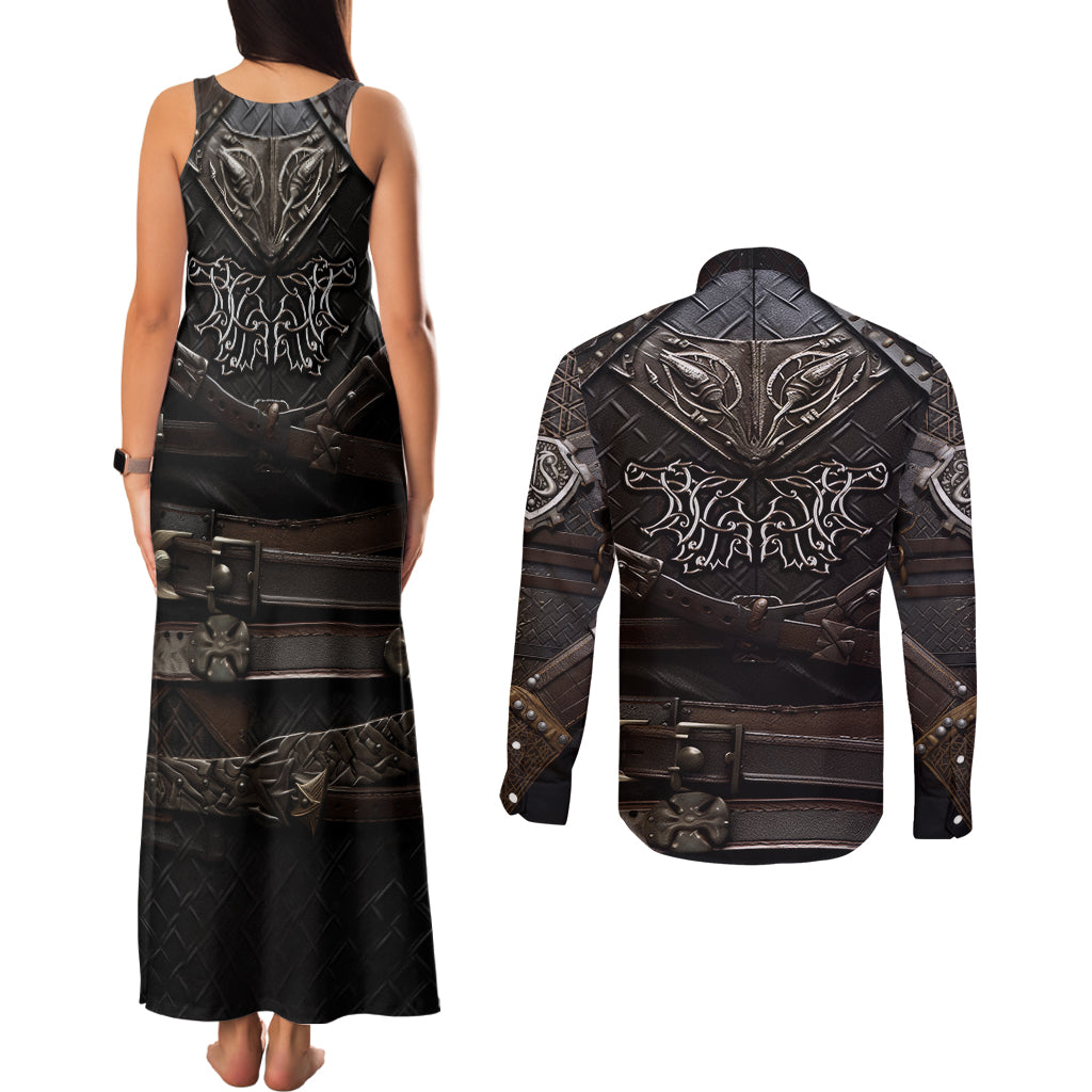 Viking Warrior Armor Couples Matching Tank Maxi Dress and Long Sleeve Button Shirts Fenrir Wolf Symbol - Wonder Print Shop