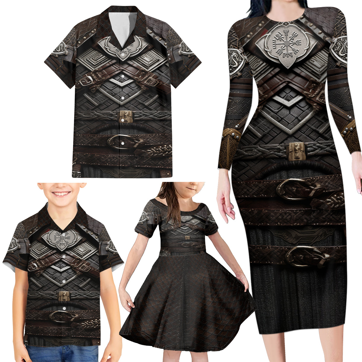 Viking Warrior Armor Family Matching Long Sleeve Bodycon Dress and Hawaiian Shirt Fenrir Wolf Symbol - Wonder Print Shop