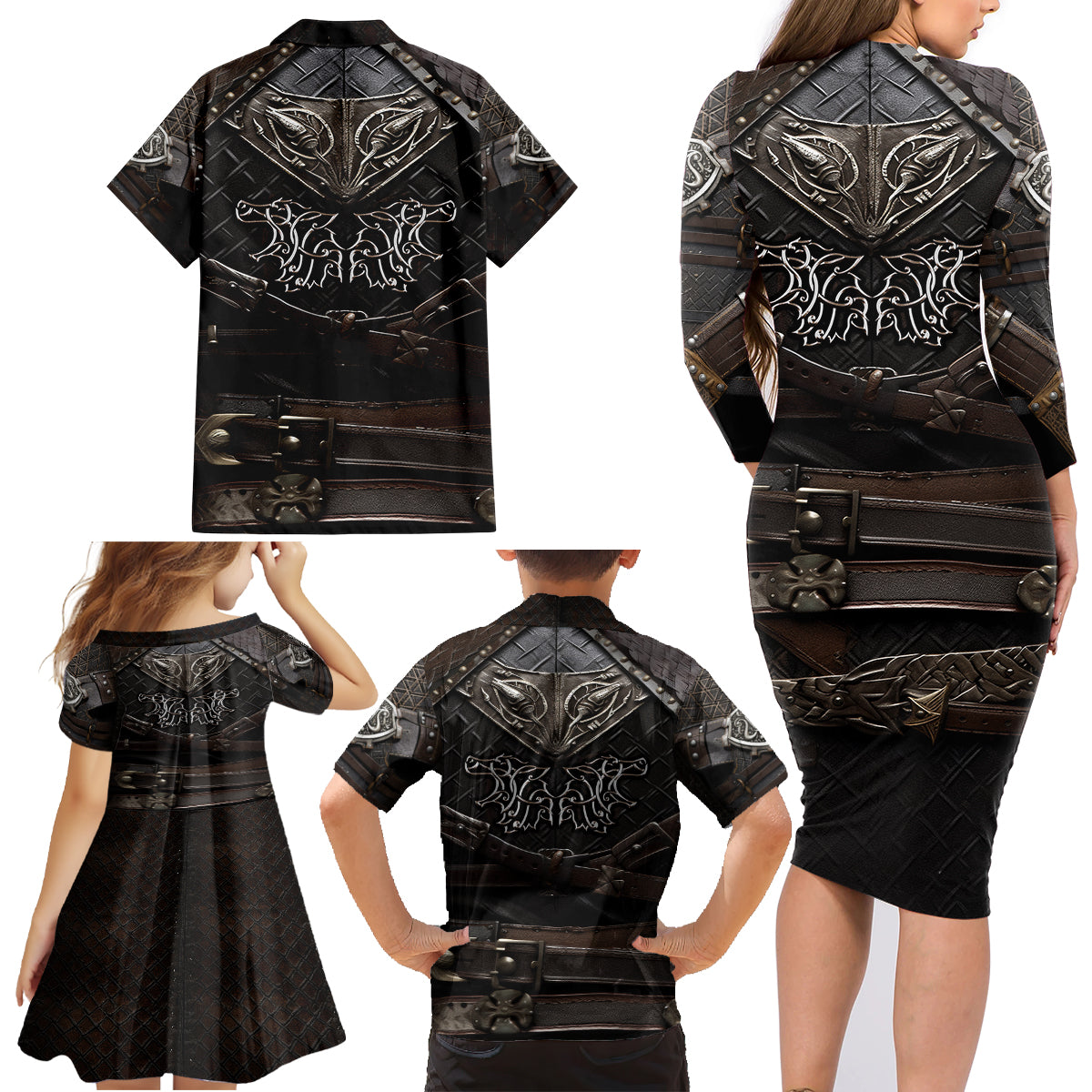 Viking Warrior Armor Family Matching Long Sleeve Bodycon Dress and Hawaiian Shirt Fenrir Wolf Symbol - Wonder Print Shop