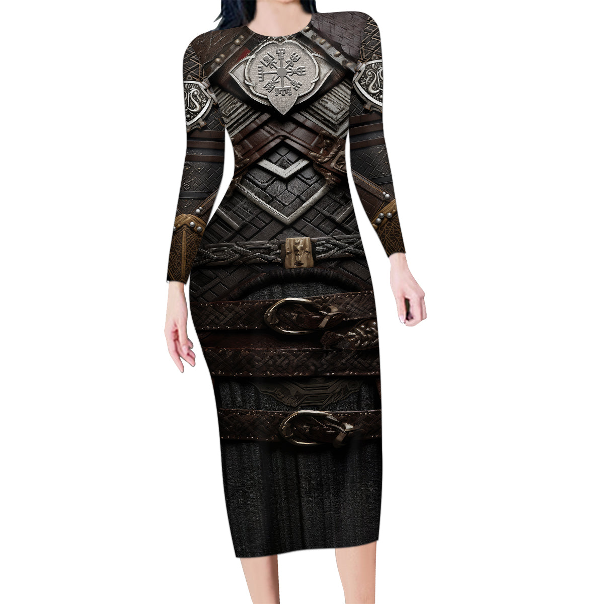Viking Warrior Armor Family Matching Long Sleeve Bodycon Dress and Hawaiian Shirt Fenrir Wolf Symbol - Wonder Print Shop