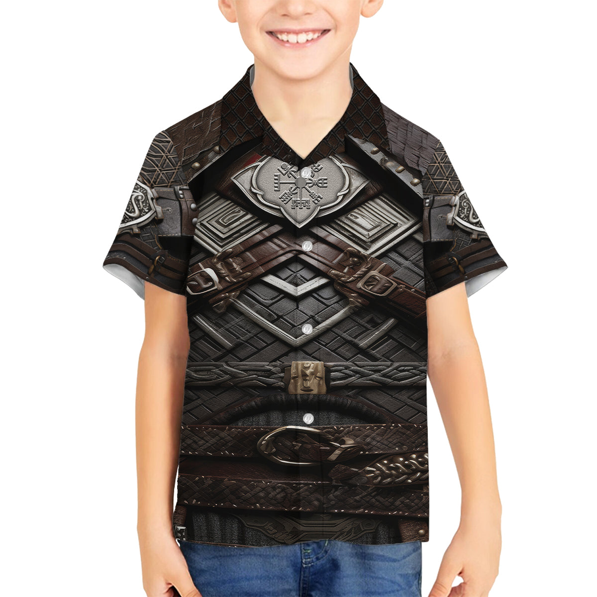 Viking Warrior Armor Family Matching Long Sleeve Bodycon Dress and Hawaiian Shirt Fenrir Wolf Symbol - Wonder Print Shop