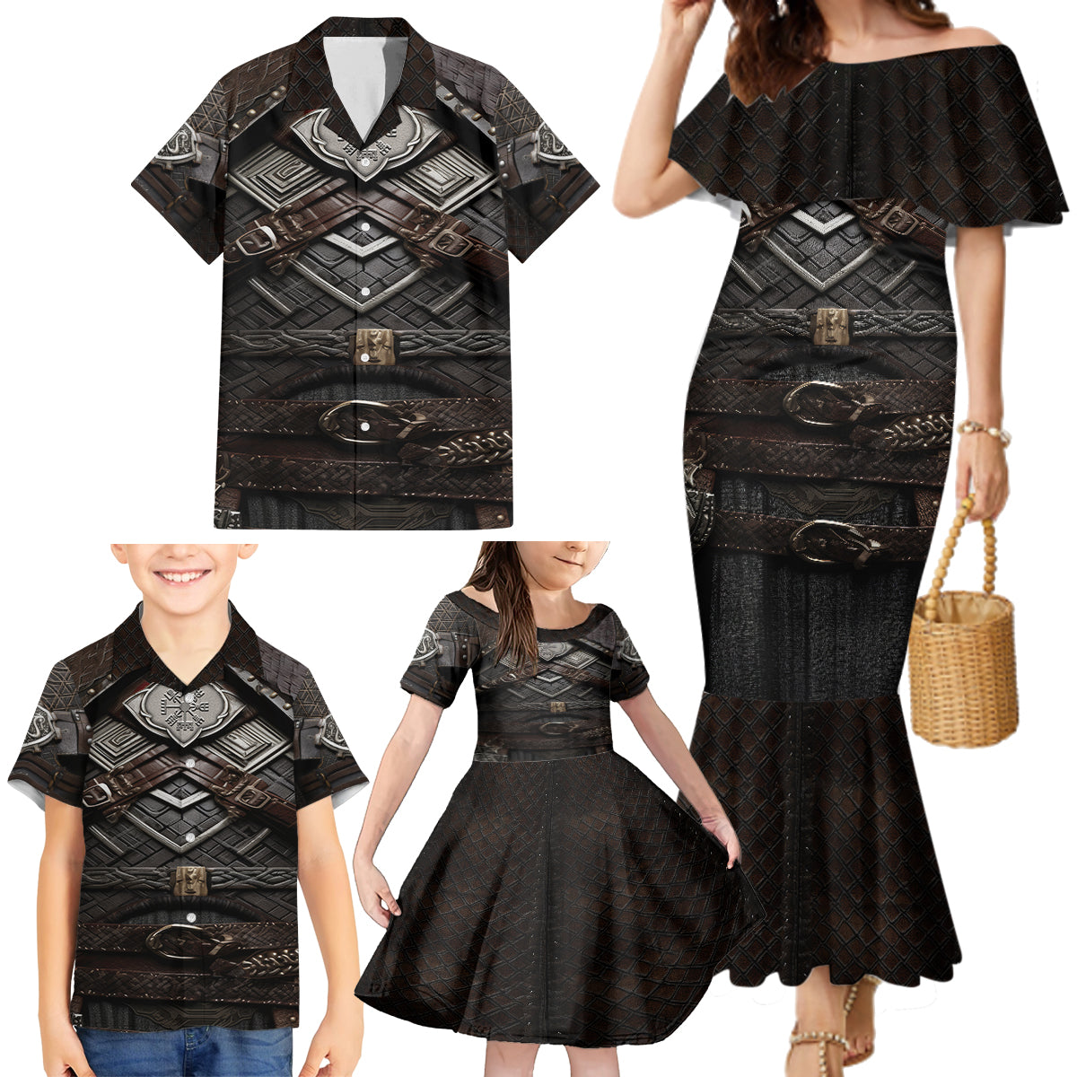Viking Warrior Armor Family Matching Mermaid Dress and Hawaiian Shirt Fenrir Wolf Symbol - Wonder Print Shop