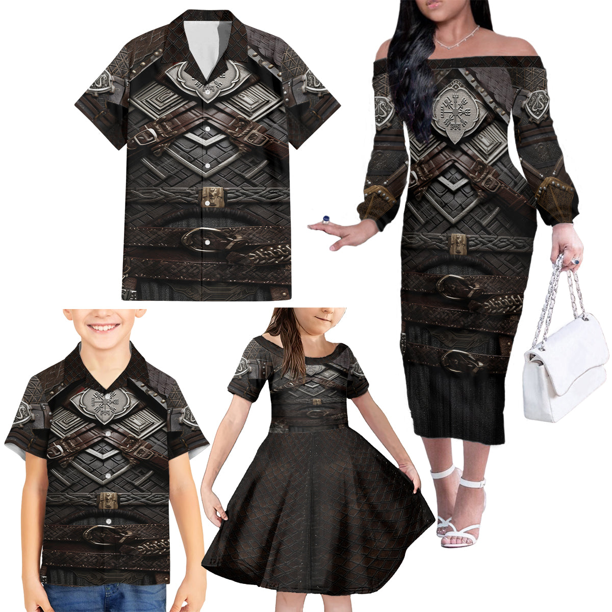 Viking Warrior Armor Family Matching Off Shoulder Long Sleeve Dress and Hawaiian Shirt Fenrir Wolf Symbol - Wonder Print Shop
