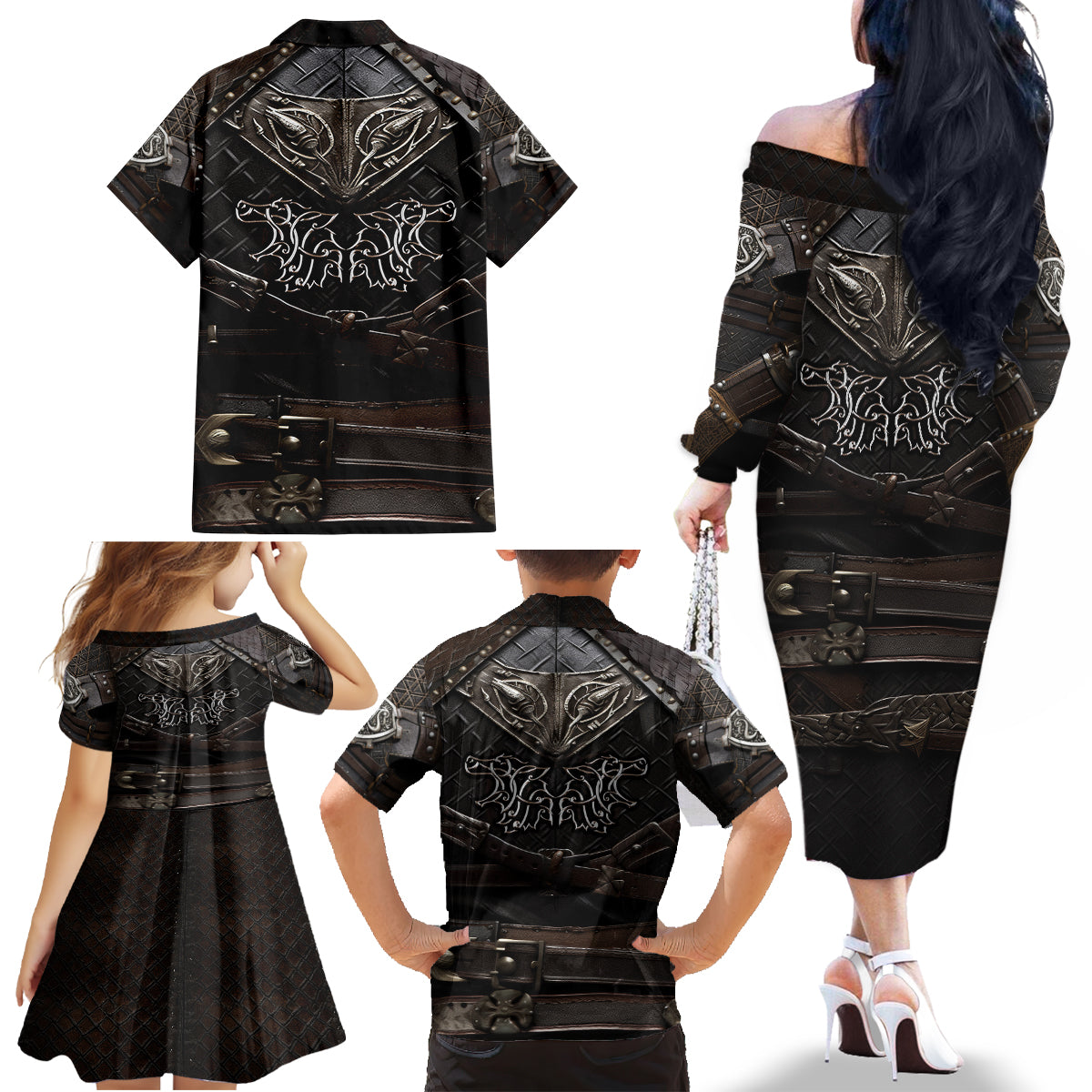 Viking Warrior Armor Family Matching Off Shoulder Long Sleeve Dress and Hawaiian Shirt Fenrir Wolf Symbol - Wonder Print Shop
