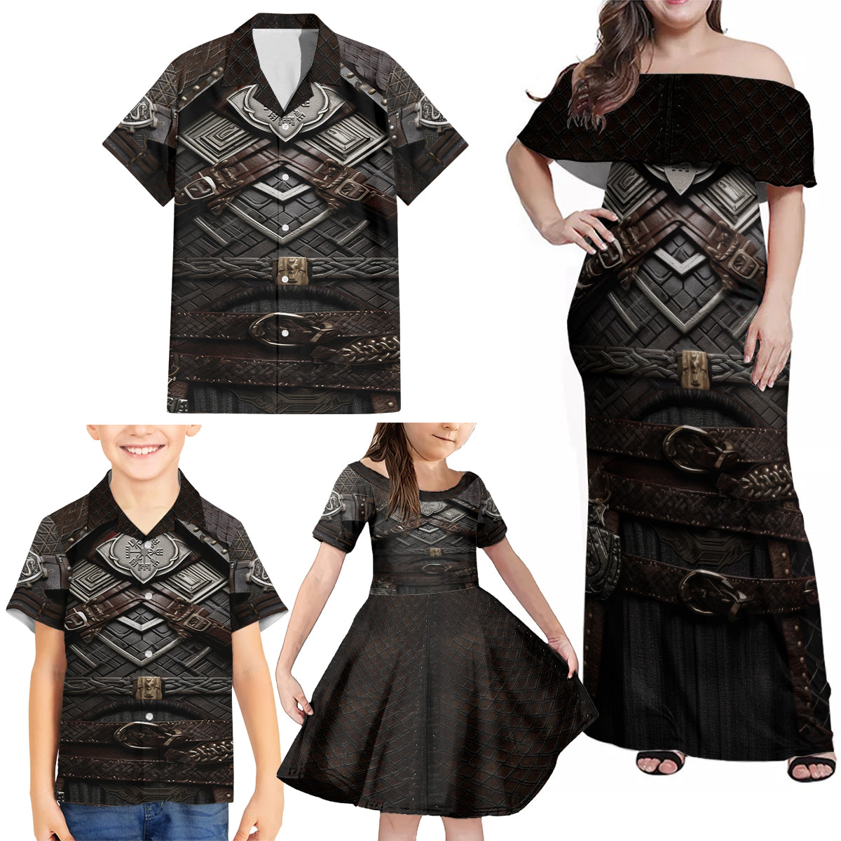 Viking Warrior Armor Family Matching Off Shoulder Maxi Dress and Hawaiian Shirt Fenrir Wolf Symbol - Wonder Print Shop
