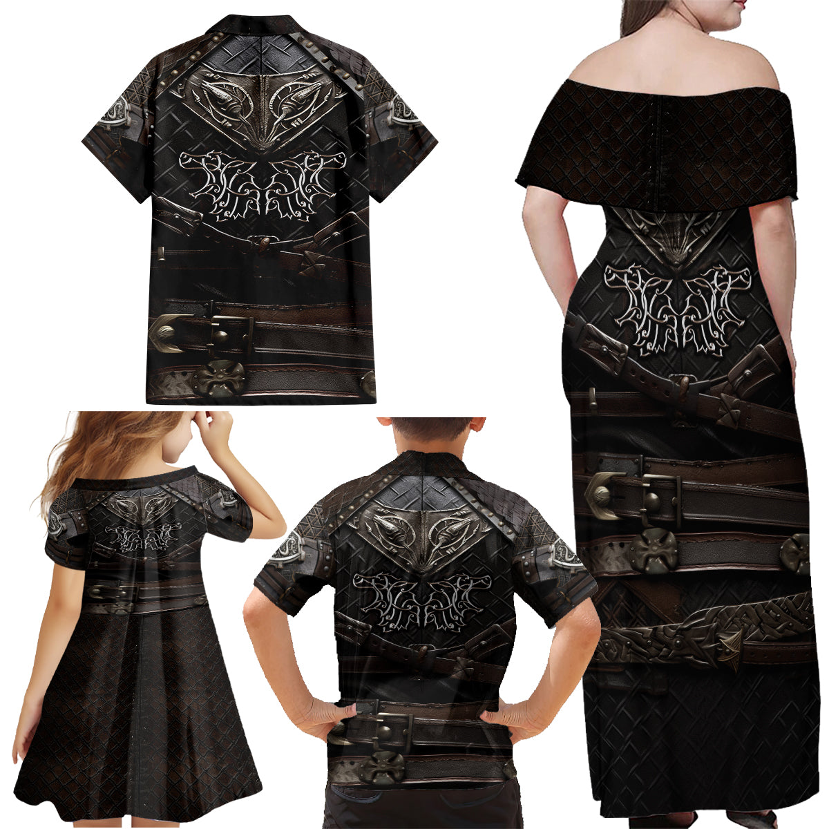 Viking Warrior Armor Family Matching Off Shoulder Maxi Dress and Hawaiian Shirt Fenrir Wolf Symbol - Wonder Print Shop
