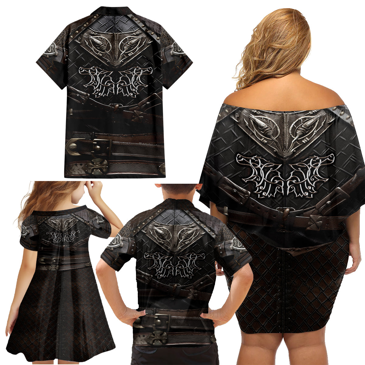 Viking Warrior Armor Family Matching Off Shoulder Short Dress and Hawaiian Shirt Fenrir Wolf Symbol - Wonder Print Shop