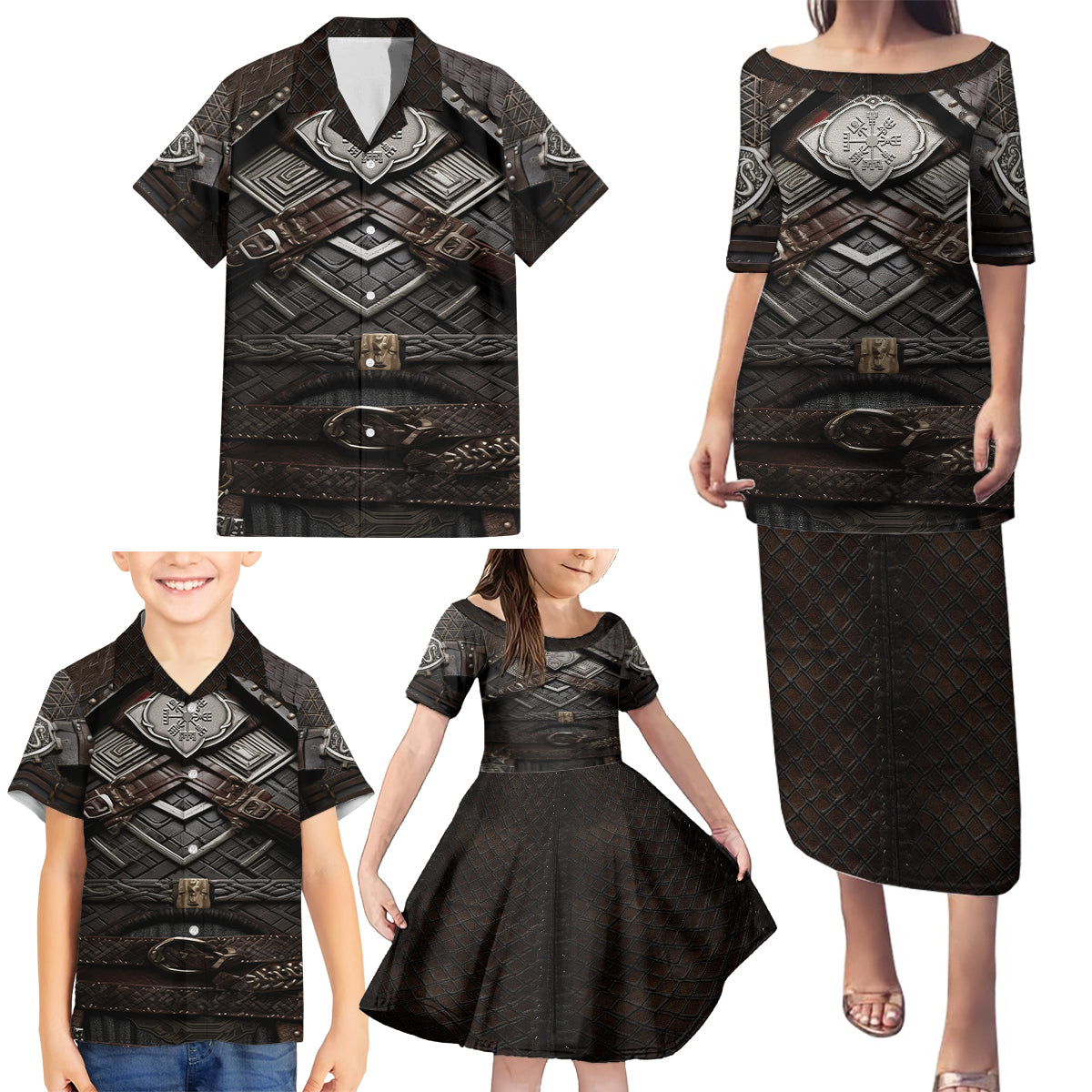 Viking Warrior Armor Family Matching Puletasi Dress and Hawaiian Shirt Fenrir Wolf Symbol - Wonder Print Shop