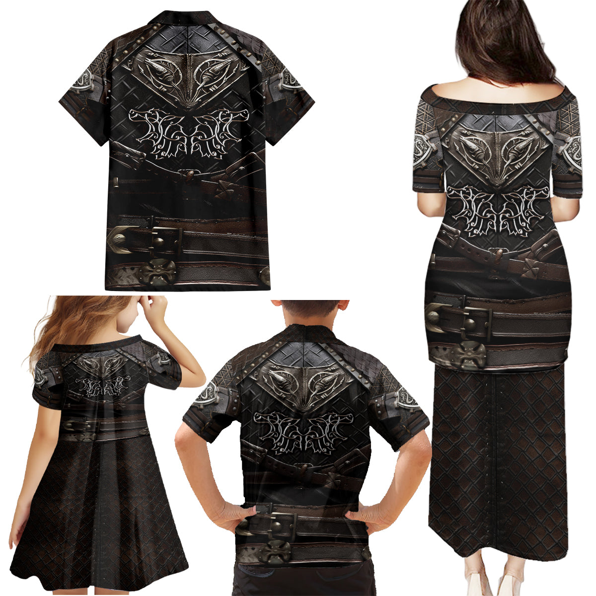 Viking Warrior Armor Family Matching Puletasi Dress and Hawaiian Shirt Fenrir Wolf Symbol - Wonder Print Shop