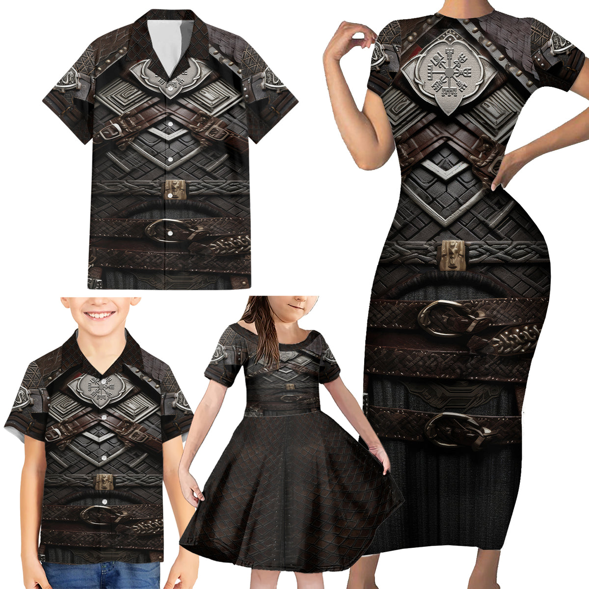 Viking Warrior Armor Family Matching Short Sleeve Bodycon Dress and Hawaiian Shirt Fenrir Wolf Symbol - Wonder Print Shop