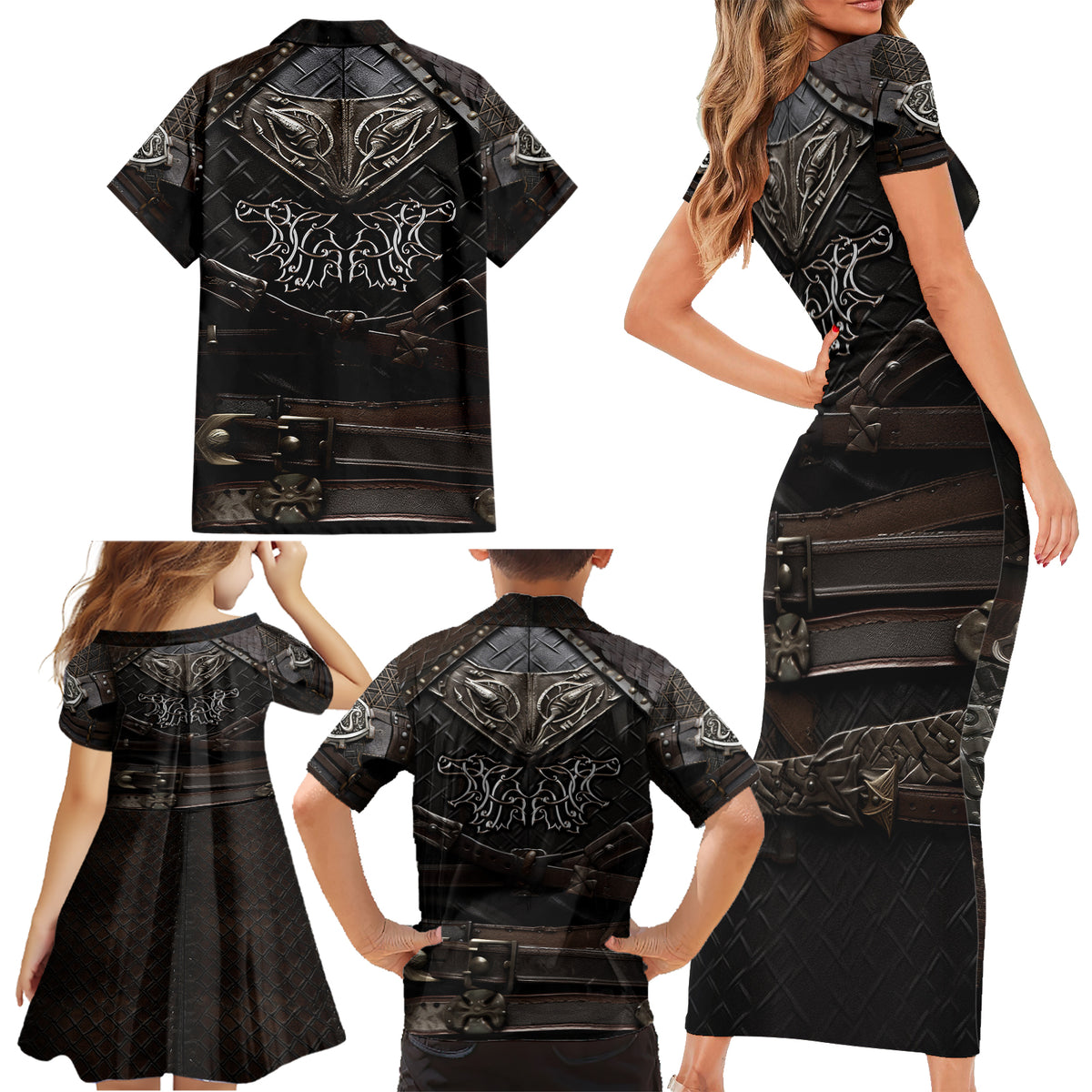 Viking Warrior Armor Family Matching Short Sleeve Bodycon Dress and Hawaiian Shirt Fenrir Wolf Symbol - Wonder Print Shop