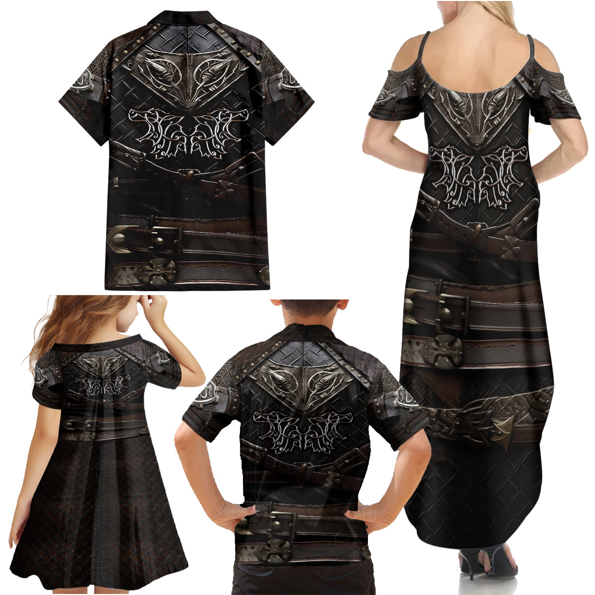 Viking Warrior Armor Family Matching Summer Maxi Dress and Hawaiian Shirt Fenrir Wolf Symbol - Wonder Print Shop
