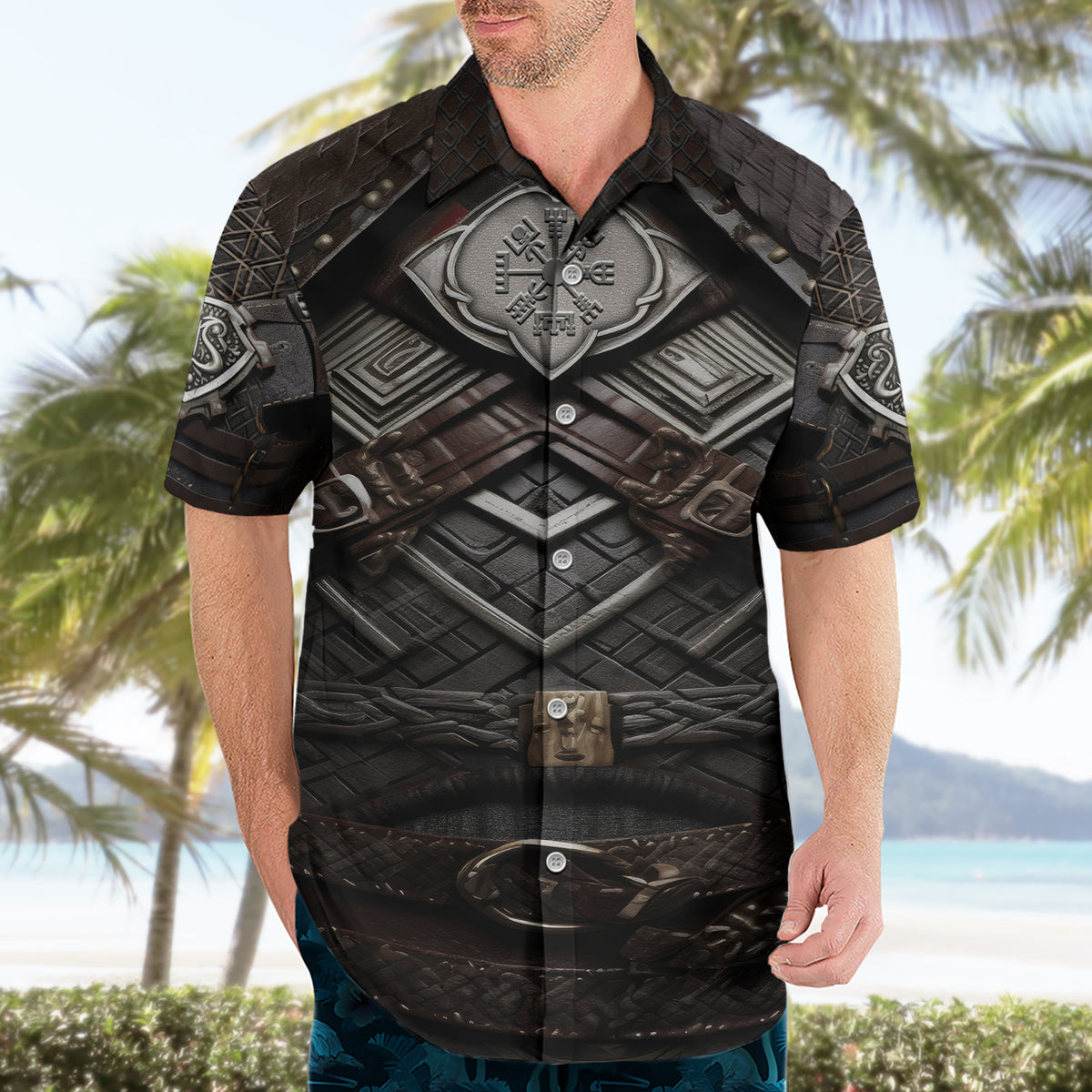 Viking Warrior Armor Hawaiian Shirt Fenrir Wolf Symbol - Wonder Print Shop