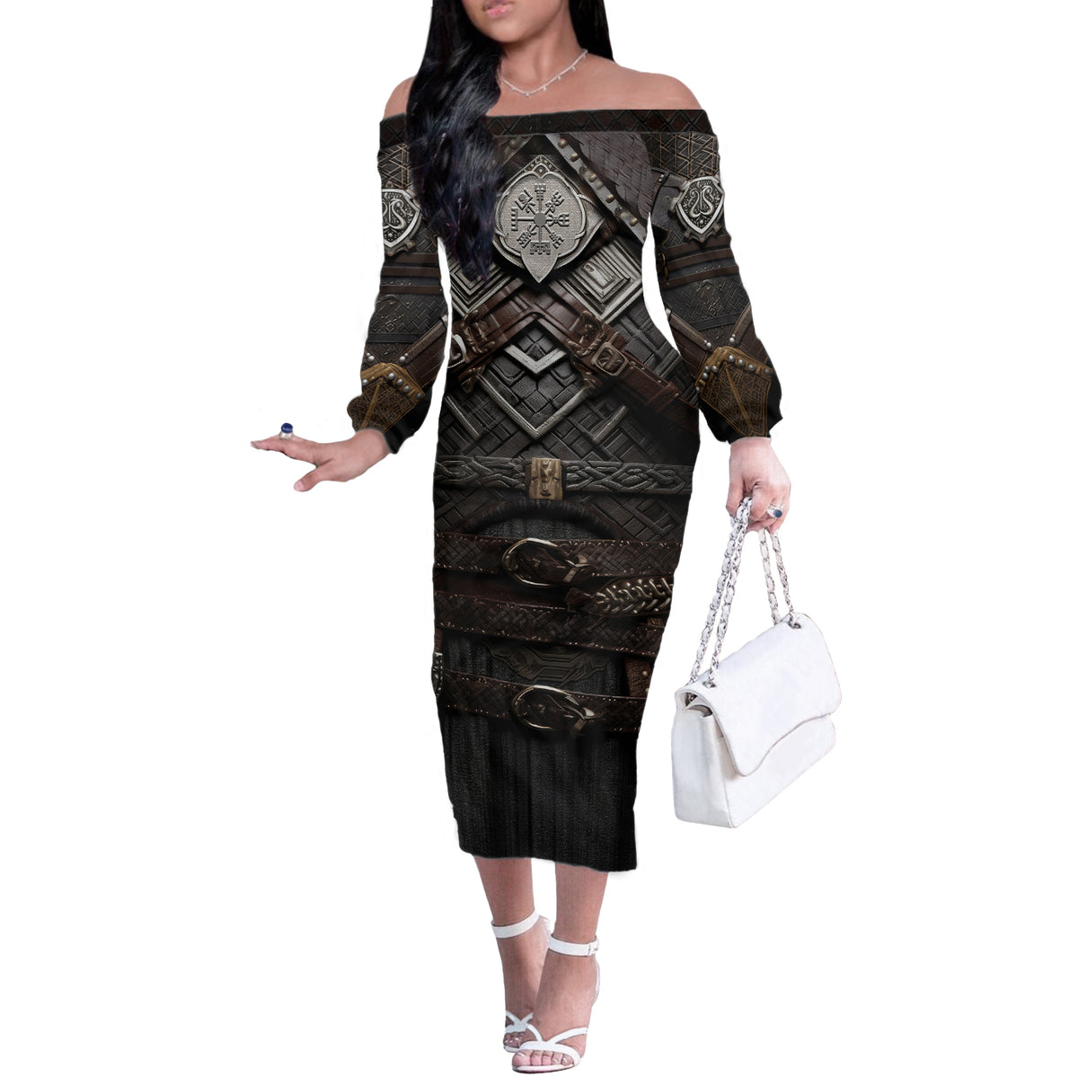 Viking Warrior Armor Off The Shoulder Long Sleeve Dress Fenrir Wolf Symbol - Wonder Print Shop