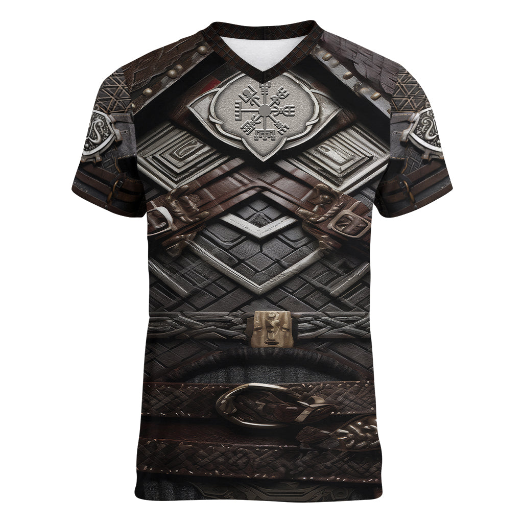 Viking Warrior Armor Women V Neck T Shirt Fenrir Wolf Symbol - Wonder Print Shop