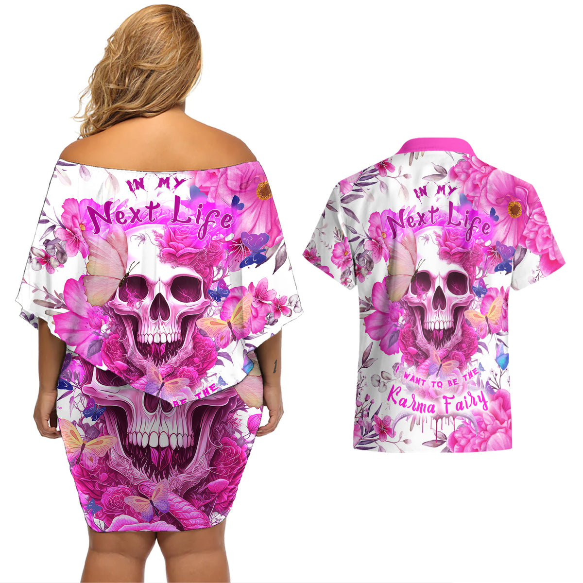 In My Next Life I Want To Be The Karma Fairy Couples Matching Off Shoulder Short Dress and Hawaiian Shirt - Wonder Print Shop