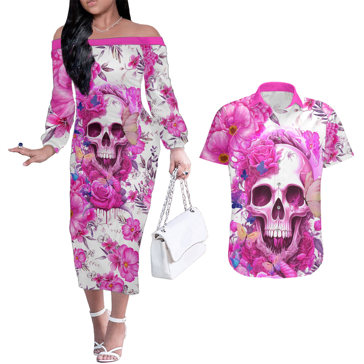 In My Next Life I Want To Be The Karma Fairy Couples Matching Off The Shoulder Long Sleeve Dress and Hawaiian Shirt - Wonder Print Shop