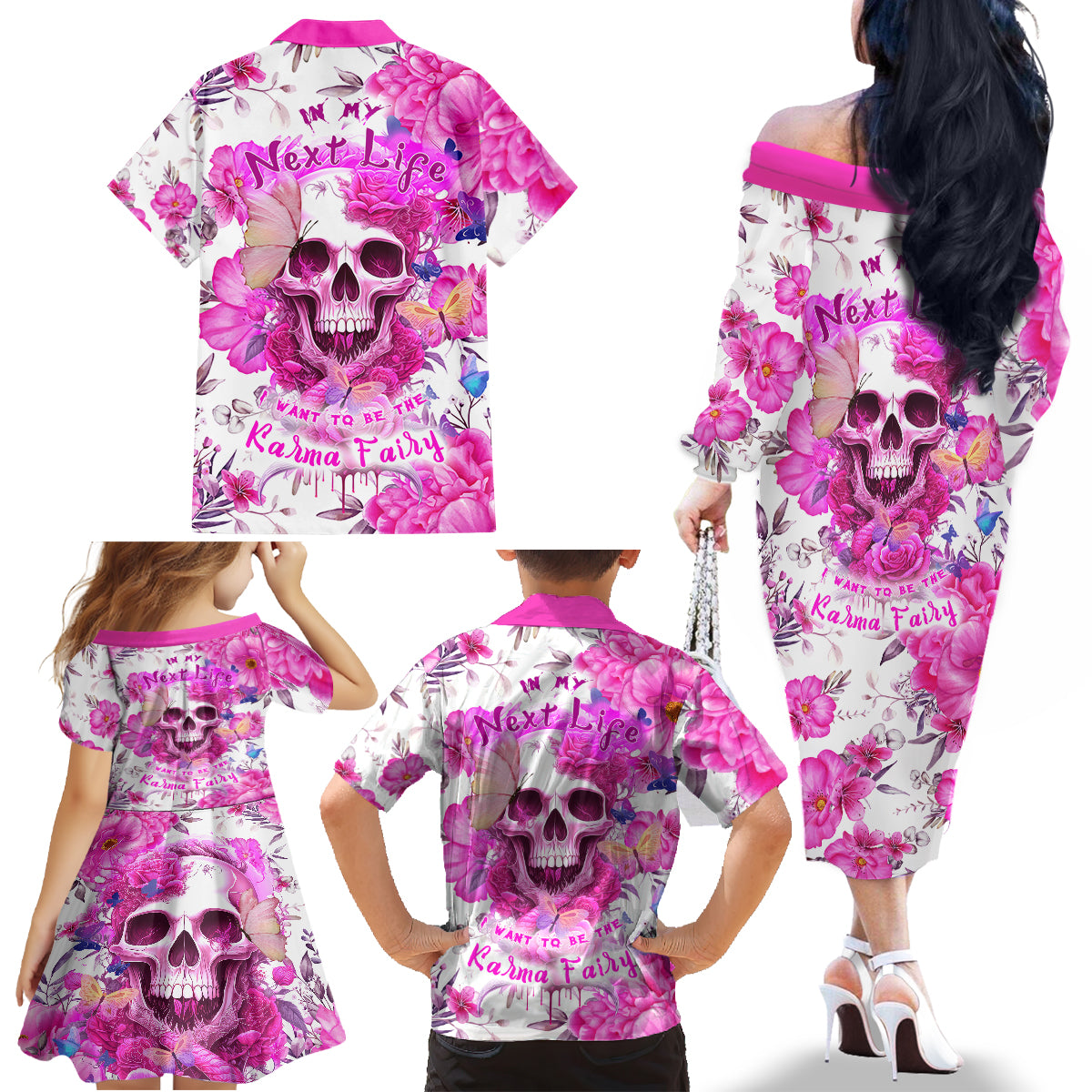 In My Next Life I Want To Be The Karma Fairy Family Matching Off Shoulder Long Sleeve Dress and Hawaiian Shirt - Wonder Print Shop