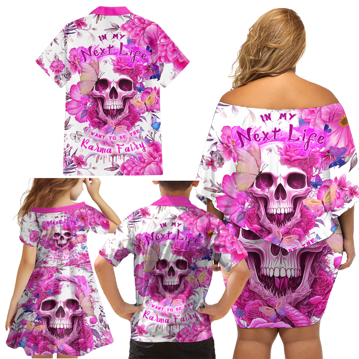 In My Next Life I Want To Be The Karma Fairy Family Matching Off Shoulder Short Dress and Hawaiian Shirt - Wonder Print Shop