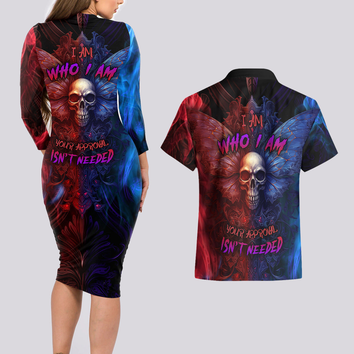 I am Who I Am Your Approval Isn't Needed Couples Matching Long Sleeve Bodycon Dress and Hawaiian Shirt - Wonder Print Shop