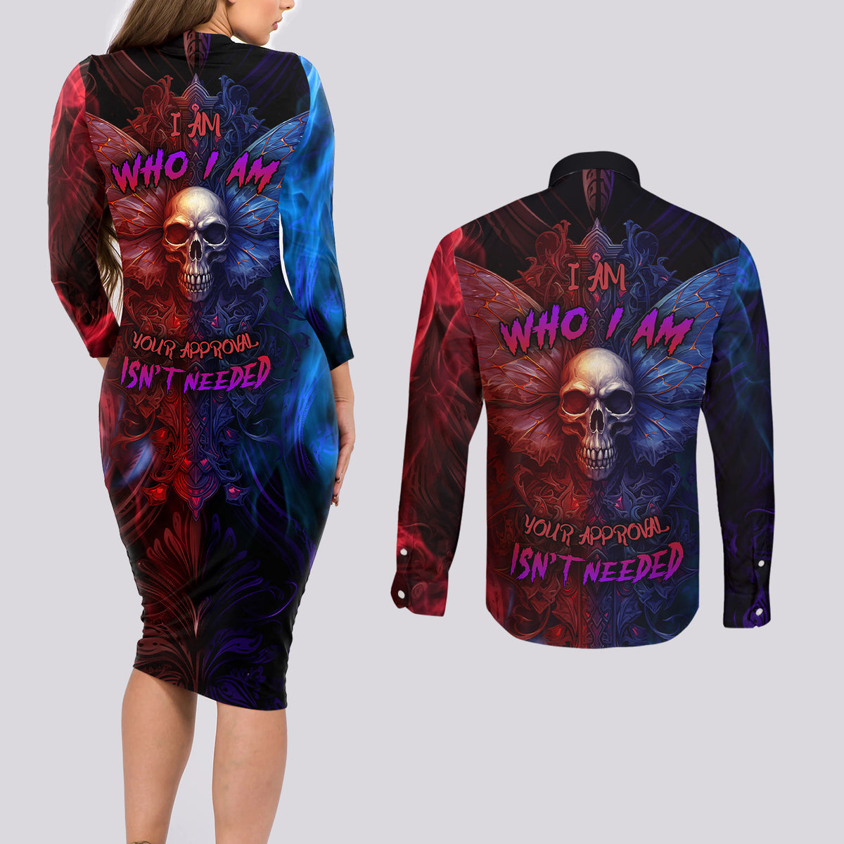 I am Who I Am Your Approval Isn't Needed Couples Matching Long Sleeve Bodycon Dress and Long Sleeve Button Shirts - Wonder Print Shop