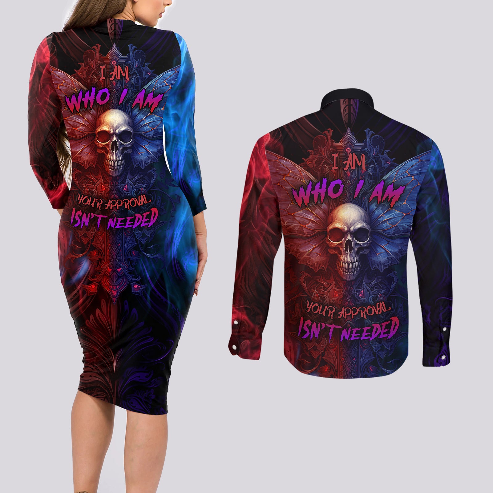 I am Who I Am Your Approval Isn't Needed Couples Matching Long Sleeve Bodycon Dress and Long Sleeve Button Shirts - Wonder Print Shop