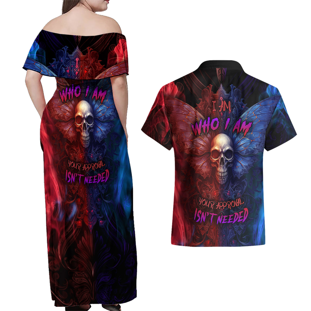 I am Who I Am Your Approval Isn't Needed Couples Matching Off Shoulder Maxi Dress and Hawaiian Shirt - Wonder Print Shop