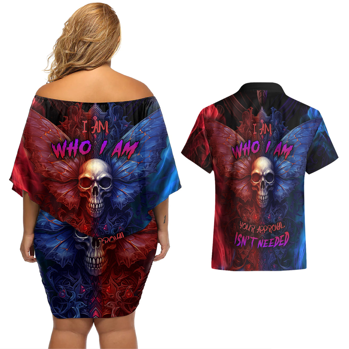 I am Who I Am Your Approval Isn't Needed Couples Matching Off Shoulder Short Dress and Hawaiian Shirt - Wonder Print Shop