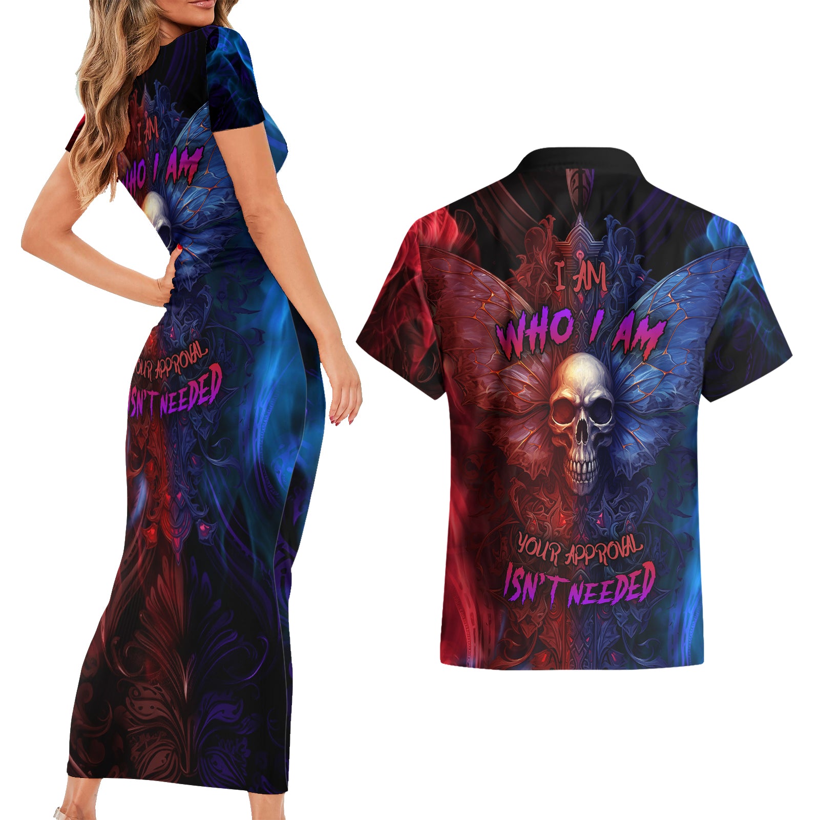 I am Who I Am Your Approval Isn't Needed Couples Matching Short Sleeve Bodycon Dress and Hawaiian Shirt - Wonder Print Shop
