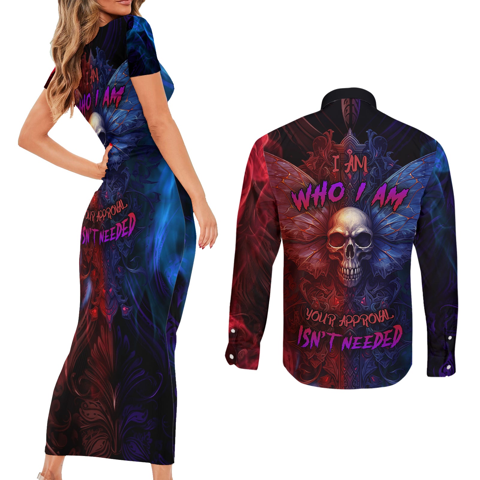 I am Who I Am Your Approval Isn't Needed Couples Matching Short Sleeve Bodycon Dress and Long Sleeve Button Shirts - Wonder Print Shop