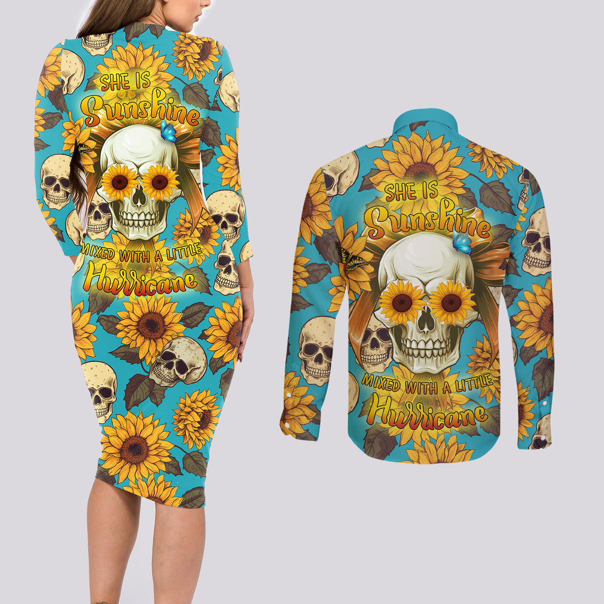 She Is Sunshine Mixed With A Little Hurricane Couples Matching Long Sleeve Bodycon Dress and Long Sleeve Button Shirts - Wonder Print Shop