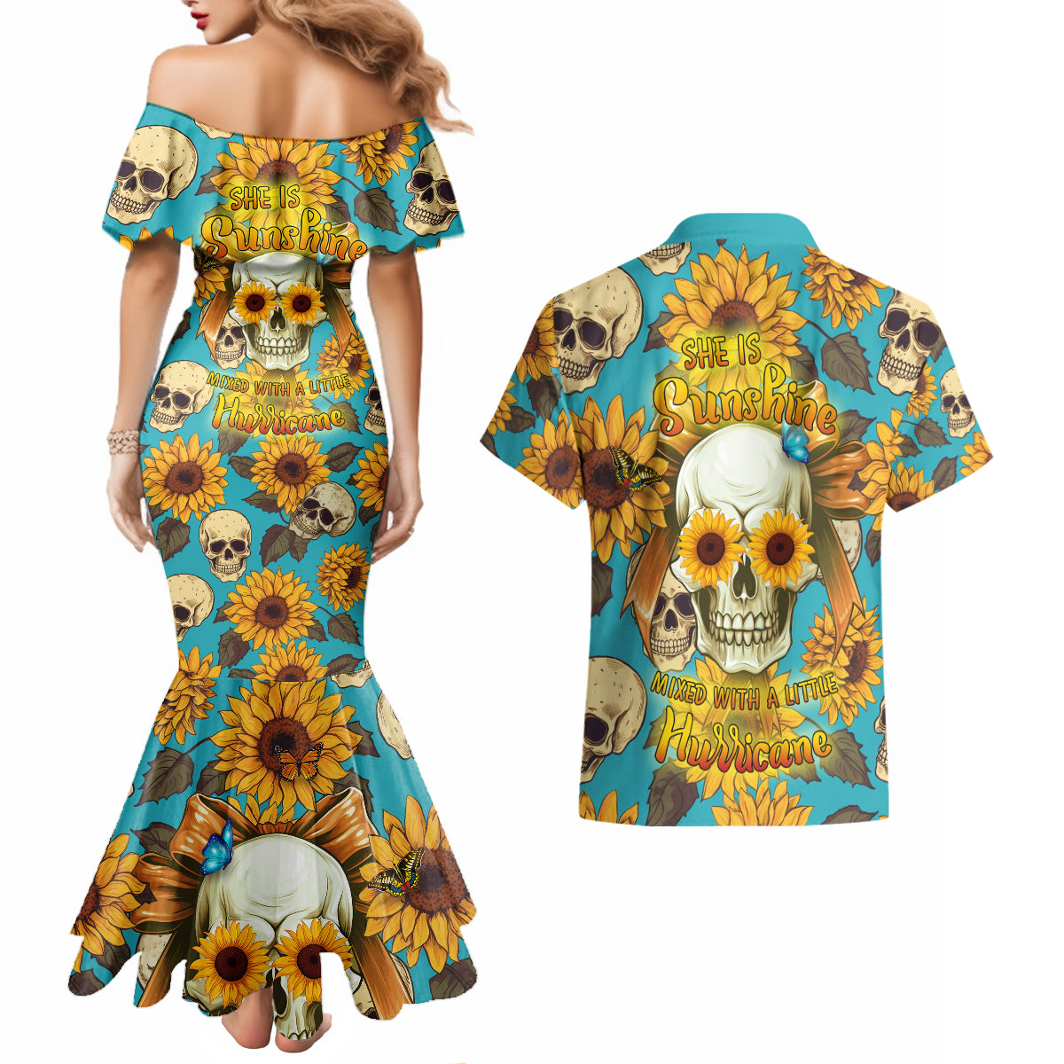 She Is Sunshine Mixed With A Little Hurricane Couples Matching Mermaid Dress and Hawaiian Shirt - Wonder Print Shop