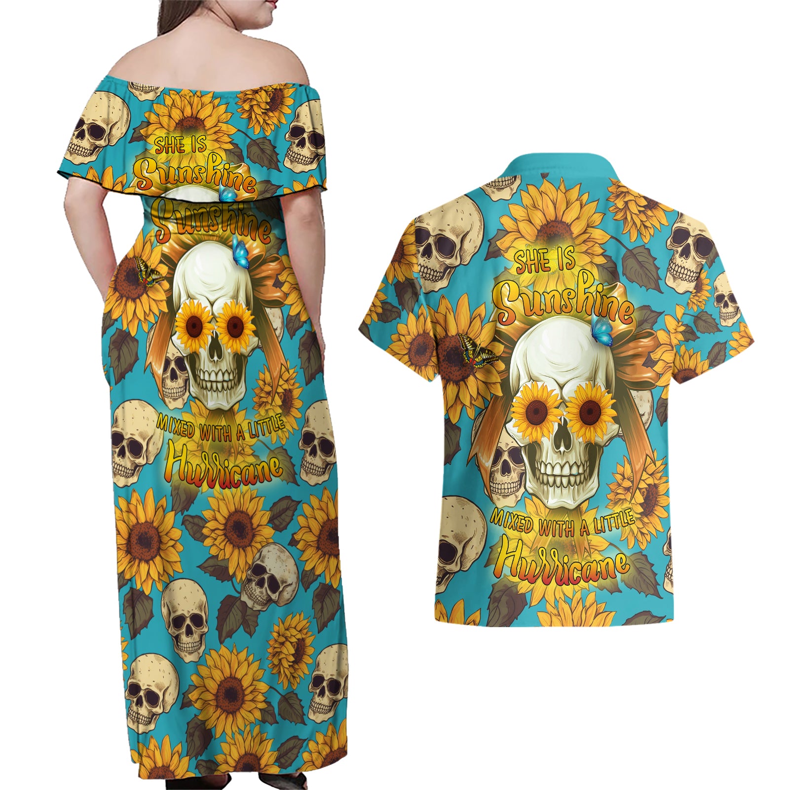 She Is Sunshine Mixed With A Little Hurricane Couples Matching Off Shoulder Maxi Dress and Hawaiian Shirt - Wonder Print Shop