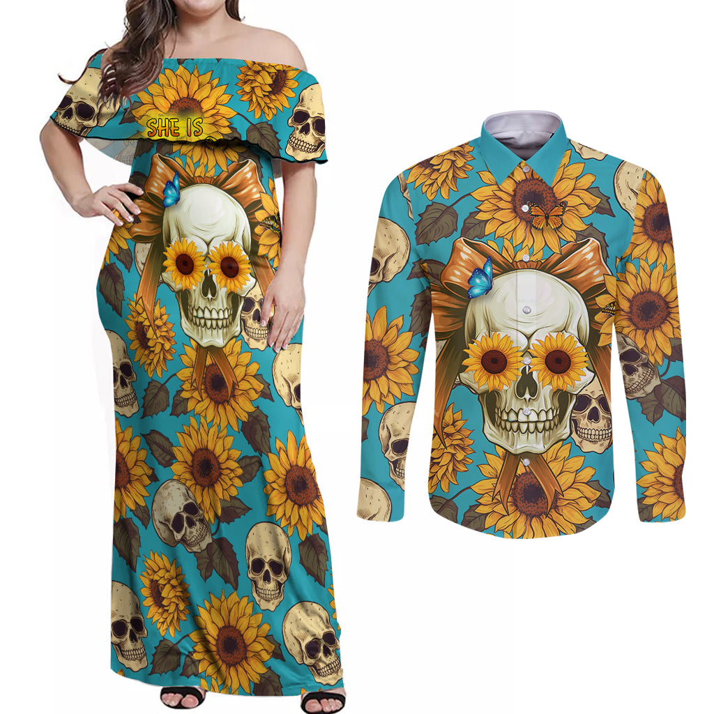 She Is Sunshine Mixed With A Little Hurricane Couples Matching Off Shoulder Maxi Dress and Long Sleeve Button Shirts - Wonder Print Shop
