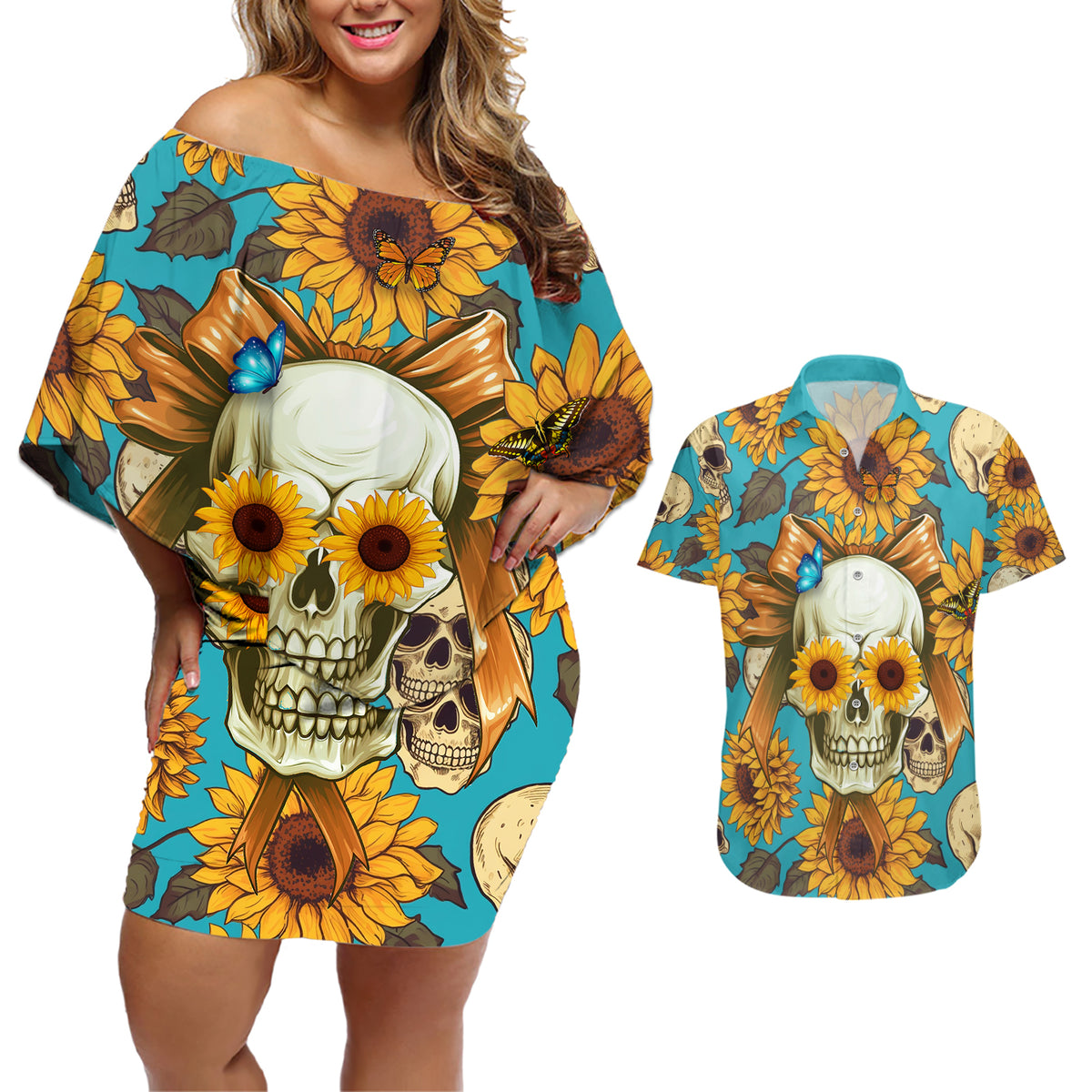 She Is Sunshine Mixed With A Little Hurricane Couples Matching Off Shoulder Short Dress and Hawaiian Shirt - Wonder Print Shop