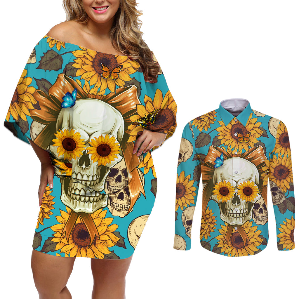 She Is Sunshine Mixed With A Little Hurricane Couples Matching Off Shoulder Short Dress and Long Sleeve Button Shirts - Wonder Print Shop