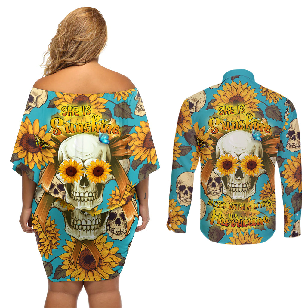 She Is Sunshine Mixed With A Little Hurricane Couples Matching Off Shoulder Short Dress and Long Sleeve Button Shirts - Wonder Print Shop