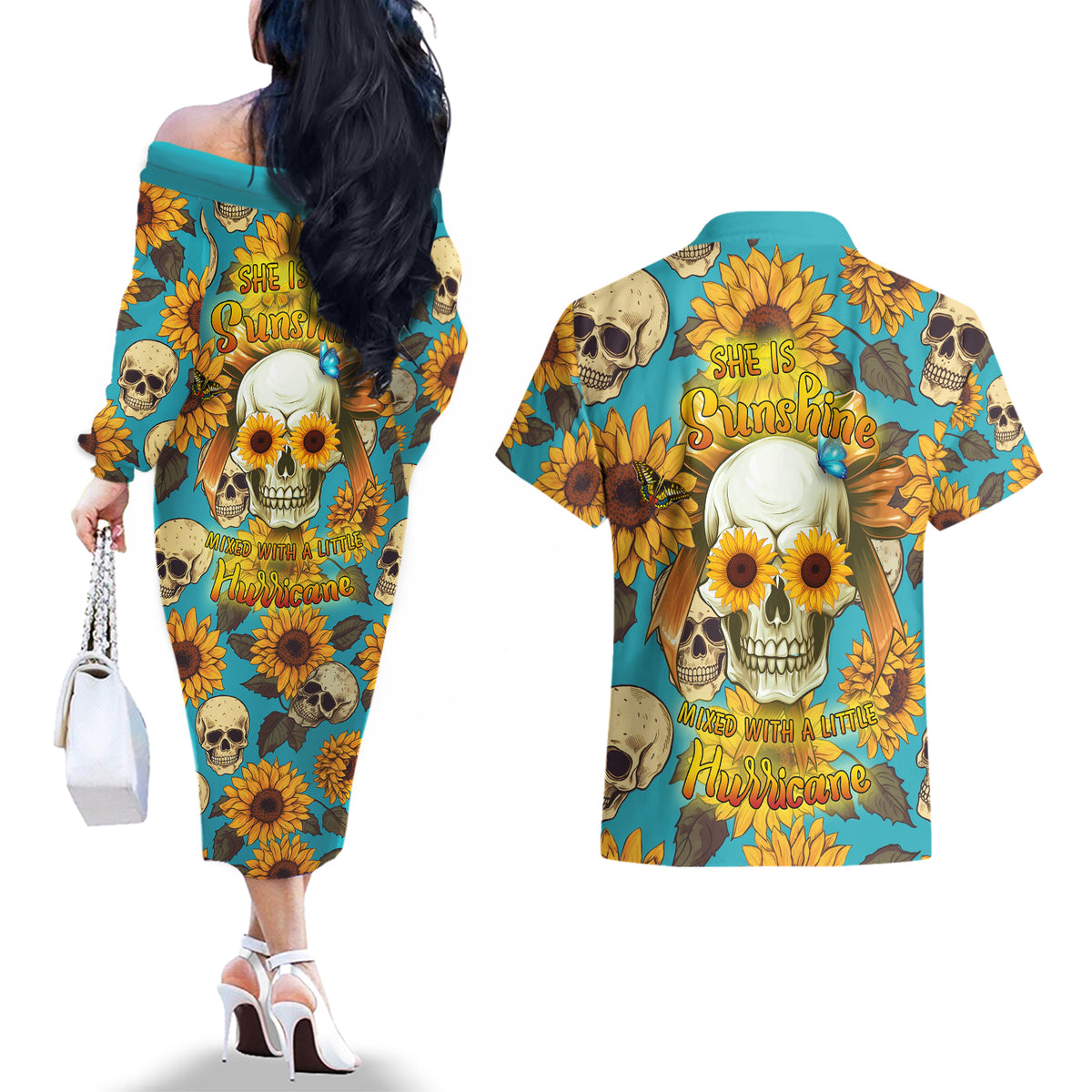 She Is Sunshine Mixed With A Little Hurricane Couples Matching Off The Shoulder Long Sleeve Dress and Hawaiian Shirt - Wonder Print Shop