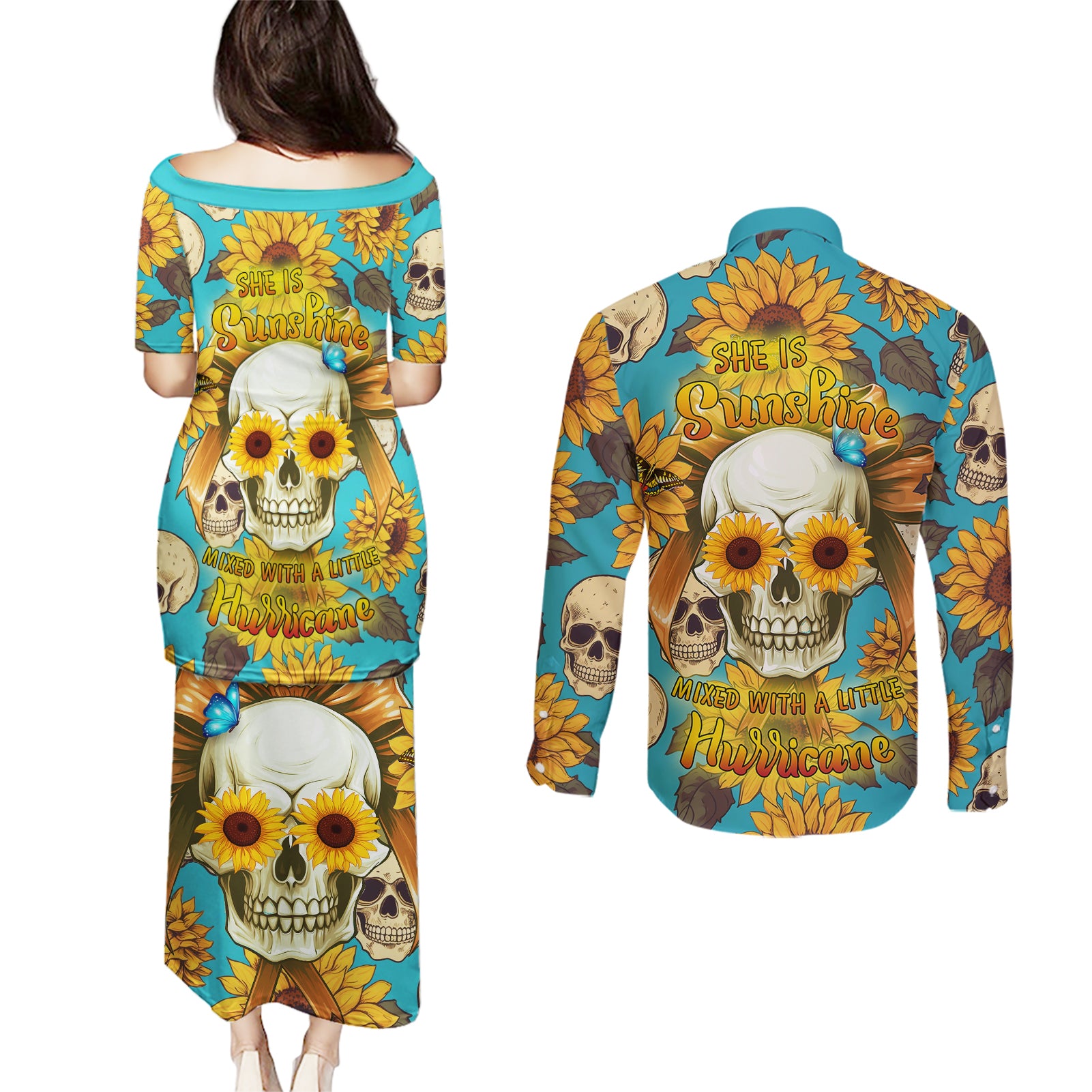 She Is Sunshine Mixed With A Little Hurricane Couples Matching Puletasi Dress and Long Sleeve Button Shirts - Wonder Print Shop