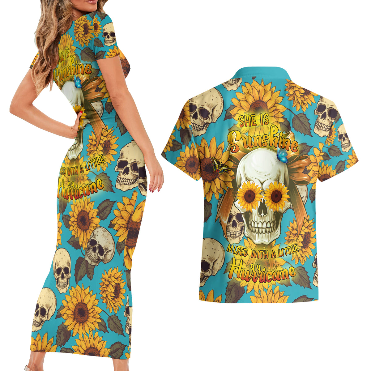 She Is Sunshine Mixed With A Little Hurricane Couples Matching Short Sleeve Bodycon Dress and Hawaiian Shirt - Wonder Print Shop
