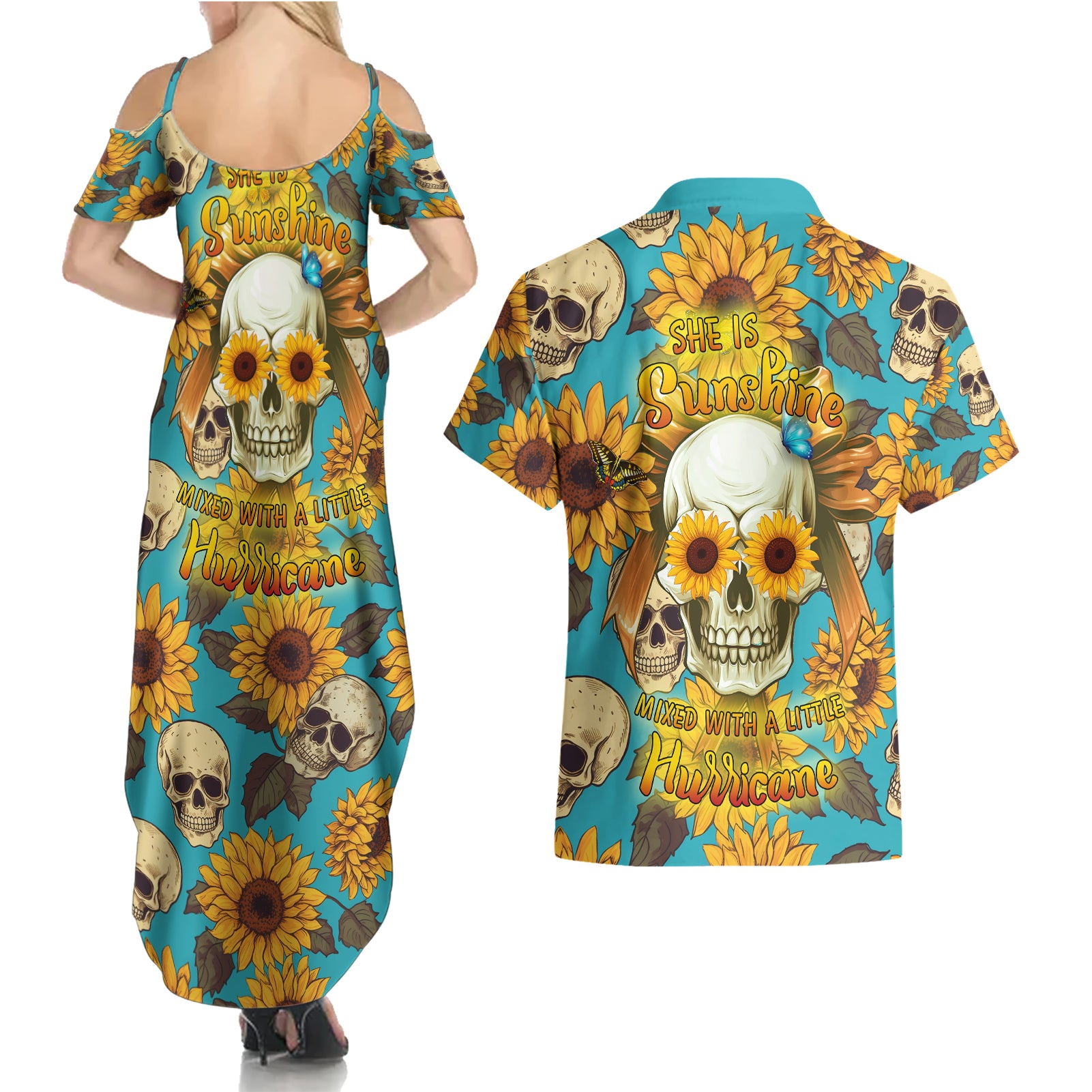 She Is Sunshine Mixed With A Little Hurricane Couples Matching Summer Maxi Dress and Hawaiian Shirt - Wonder Print Shop