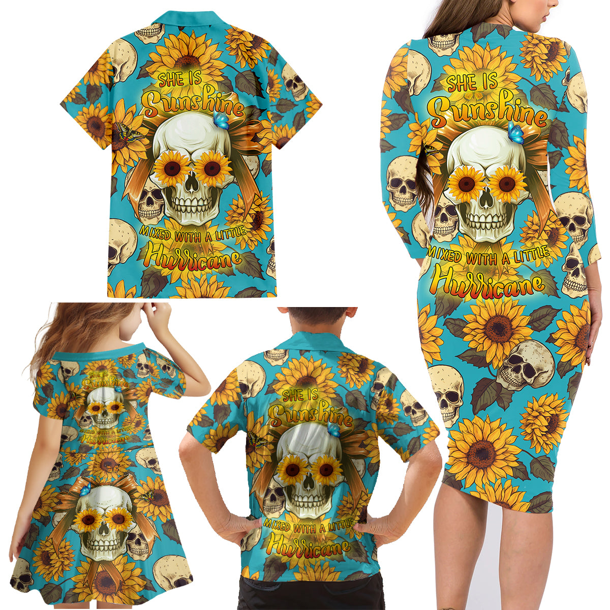 She Is Sunshine Mixed With A Little Hurricane Family Matching Long Sleeve Bodycon Dress and Hawaiian Shirt - Wonder Print Shop